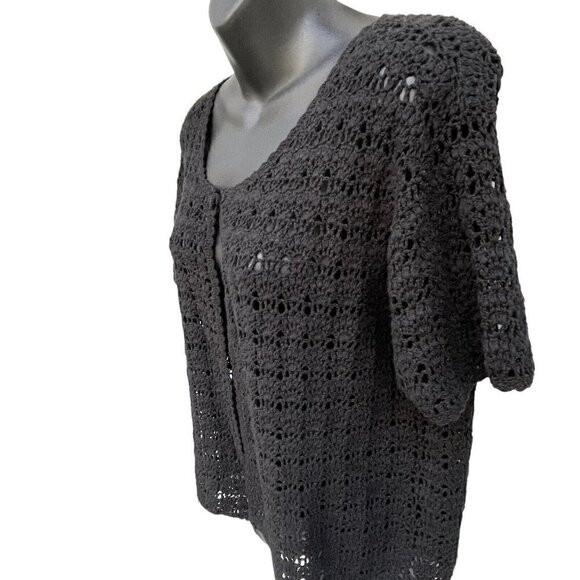 VTG Crochet Knit Short Sleeve Black One Button Cardigan Granny Core Women’s M - Picture 4 of 6